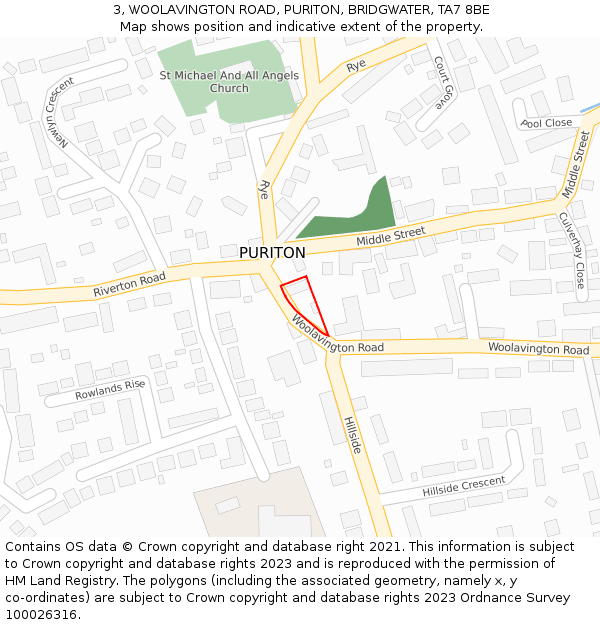 3, WOOLAVINGTON ROAD, PURITON, BRIDGWATER, TA7 8BE: Location map and indicative extent of plot