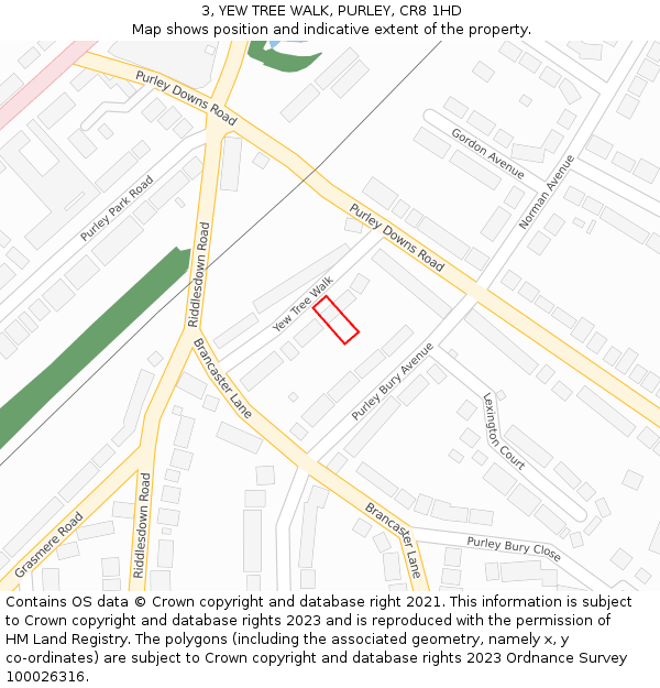 3, YEW TREE WALK, PURLEY, CR8 1HD: Location map and indicative extent of plot