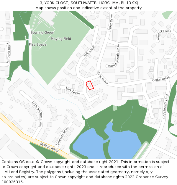 3, YORK CLOSE, SOUTHWATER, HORSHAM, RH13 9XJ: Location map and indicative extent of plot