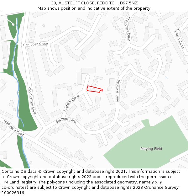 30, AUSTCLIFF CLOSE, REDDITCH, B97 5NZ: Location map and indicative extent of plot