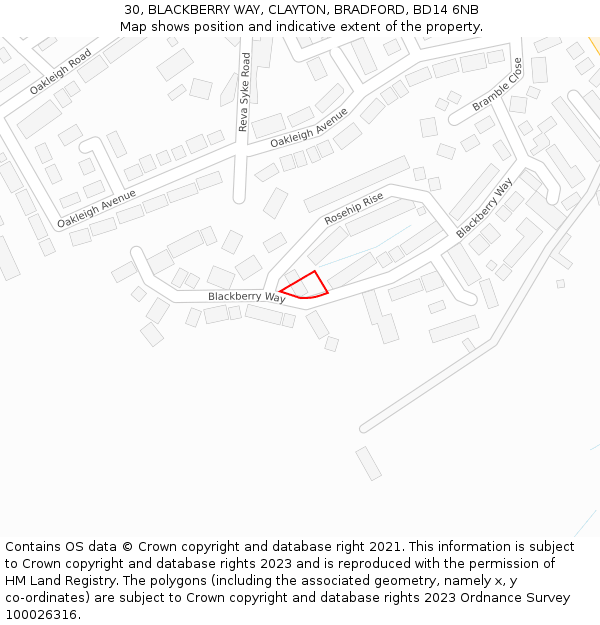 30, BLACKBERRY WAY, CLAYTON, BRADFORD, BD14 6NB: Location map and indicative extent of plot