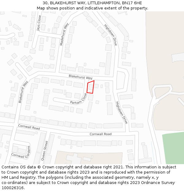 30, BLAKEHURST WAY, LITTLEHAMPTON, BN17 6HE: Location map and indicative extent of plot