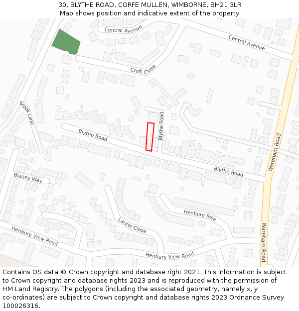 30, BLYTHE ROAD, CORFE MULLEN, WIMBORNE, BH21 3LR: Location map and indicative extent of plot