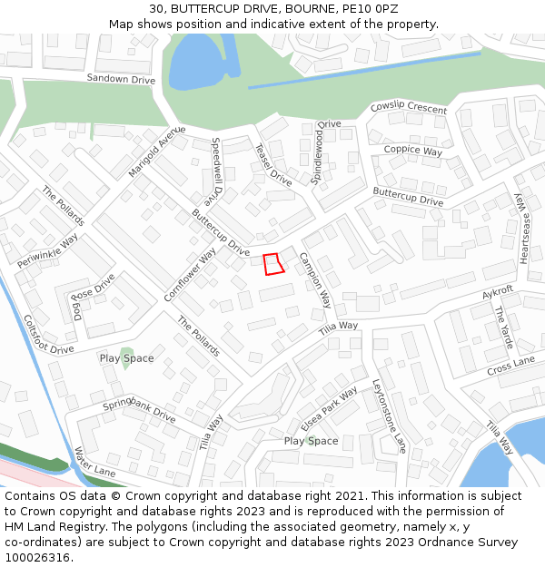 30, BUTTERCUP DRIVE, BOURNE, PE10 0PZ: Location map and indicative extent of plot