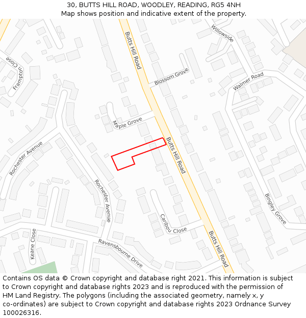 30, BUTTS HILL ROAD, WOODLEY, READING, RG5 4NH: Location map and indicative extent of plot