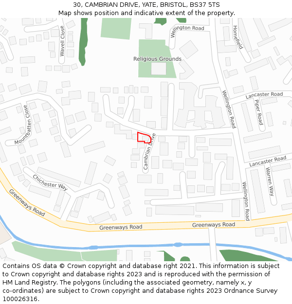 30, CAMBRIAN DRIVE, YATE, BRISTOL, BS37 5TS: Location map and indicative extent of plot