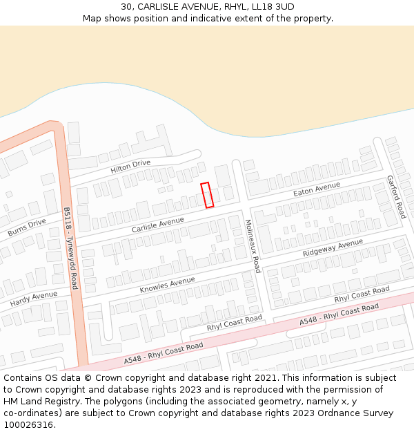 30, CARLISLE AVENUE, RHYL, LL18 3UD: Location map and indicative extent of plot