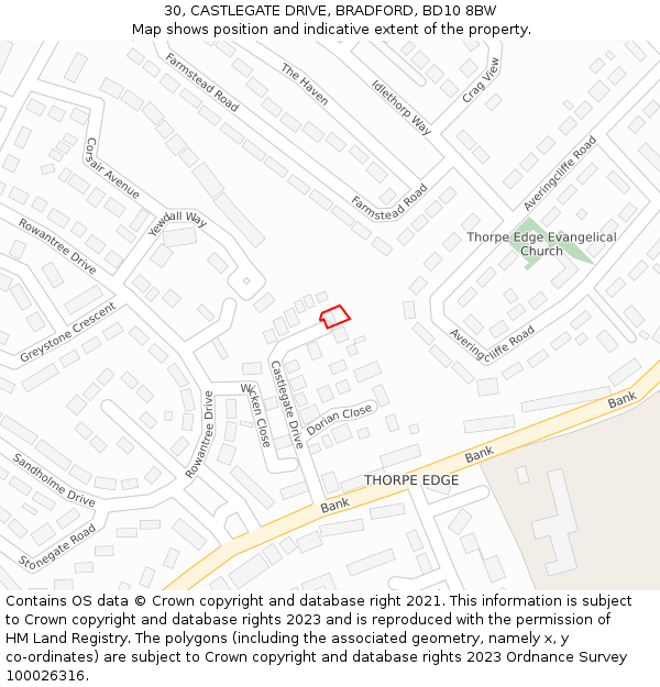 30, CASTLEGATE DRIVE, BRADFORD, BD10 8BW: Location map and indicative extent of plot