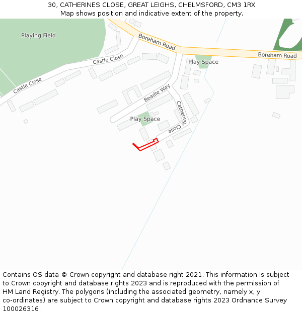 30, CATHERINES CLOSE, GREAT LEIGHS, CHELMSFORD, CM3 1RX: Location map and indicative extent of plot