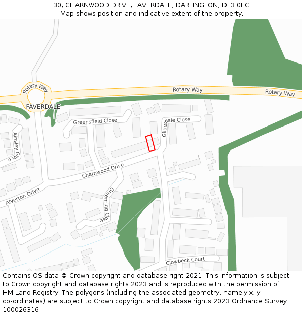 30, CHARNWOOD DRIVE, FAVERDALE, DARLINGTON, DL3 0EG: Location map and indicative extent of plot