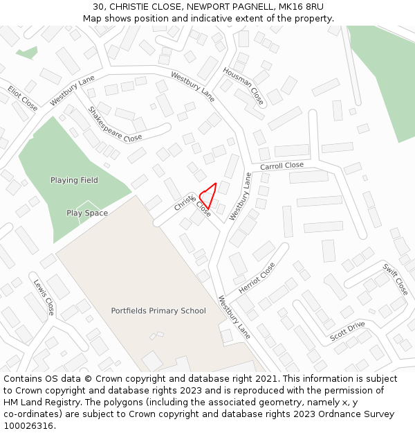 30, CHRISTIE CLOSE, NEWPORT PAGNELL, MK16 8RU: Location map and indicative extent of plot