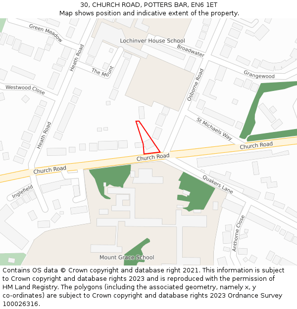 30, CHURCH ROAD, POTTERS BAR, EN6 1ET: Location map and indicative extent of plot