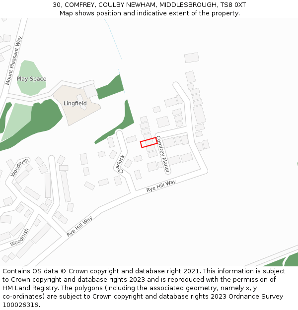 30, COMFREY, COULBY NEWHAM, MIDDLESBROUGH, TS8 0XT: Location map and indicative extent of plot