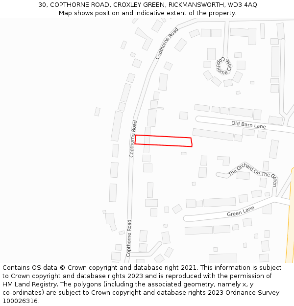 30, COPTHORNE ROAD, CROXLEY GREEN, RICKMANSWORTH, WD3 4AQ: Location map and indicative extent of plot