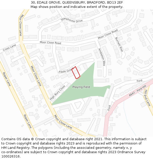 30, EDALE GROVE, QUEENSBURY, BRADFORD, BD13 2EF: Location map and indicative extent of plot