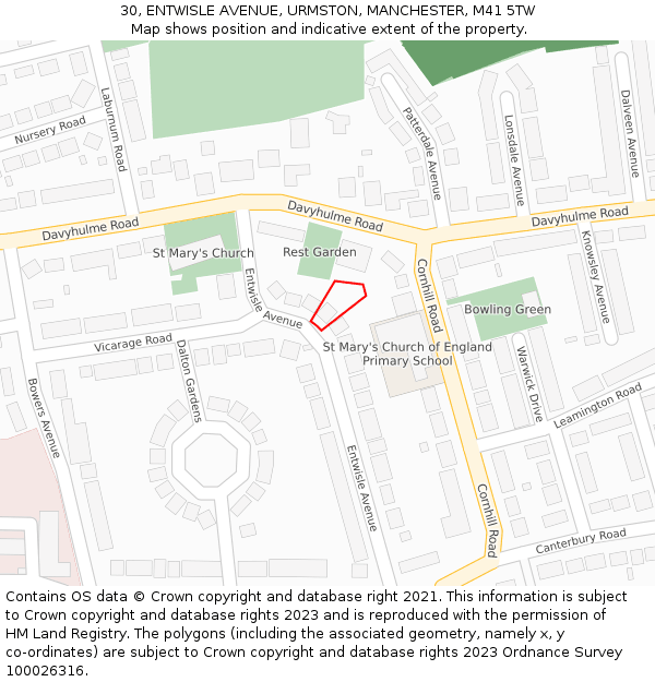 30, ENTWISLE AVENUE, URMSTON, MANCHESTER, M41 5TW: Location map and indicative extent of plot