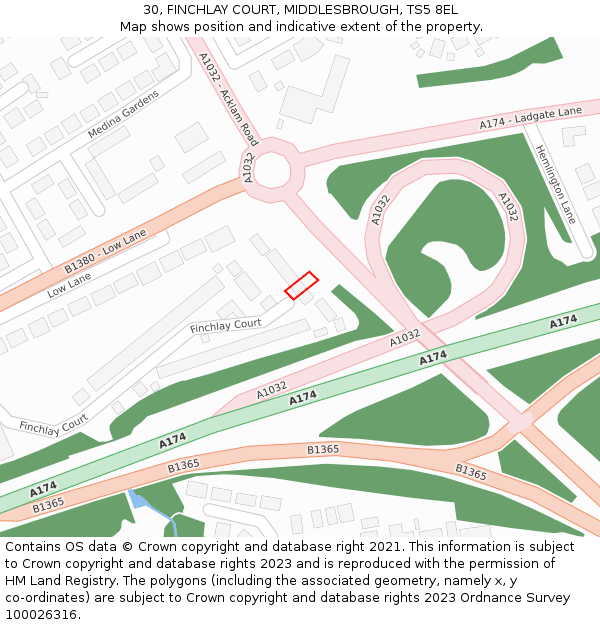 30, FINCHLAY COURT, MIDDLESBROUGH, TS5 8EL: Location map and indicative extent of plot