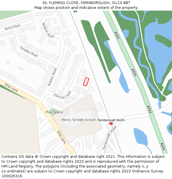 30, FLEMING CLOSE, FARNBOROUGH, GU14 8BT: Location map and indicative extent of plot