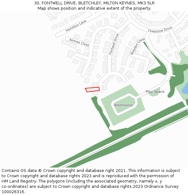 30, FONTWELL DRIVE, BLETCHLEY, MILTON KEYNES, MK3 5LR: Location map and indicative extent of plot