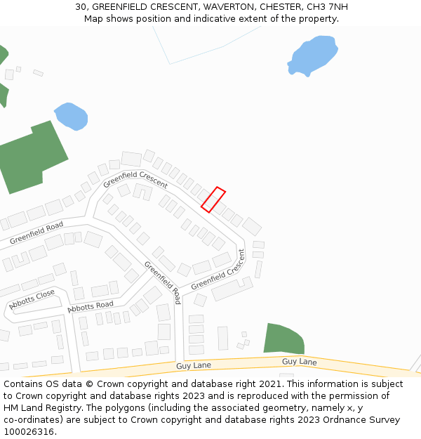 30, GREENFIELD CRESCENT, WAVERTON, CHESTER, CH3 7NH: Location map and indicative extent of plot