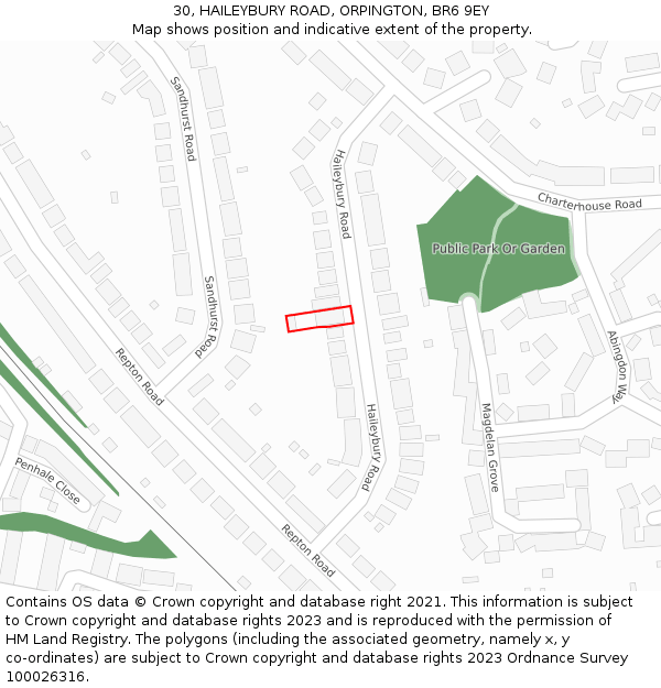 30, HAILEYBURY ROAD, ORPINGTON, BR6 9EY: Location map and indicative extent of plot