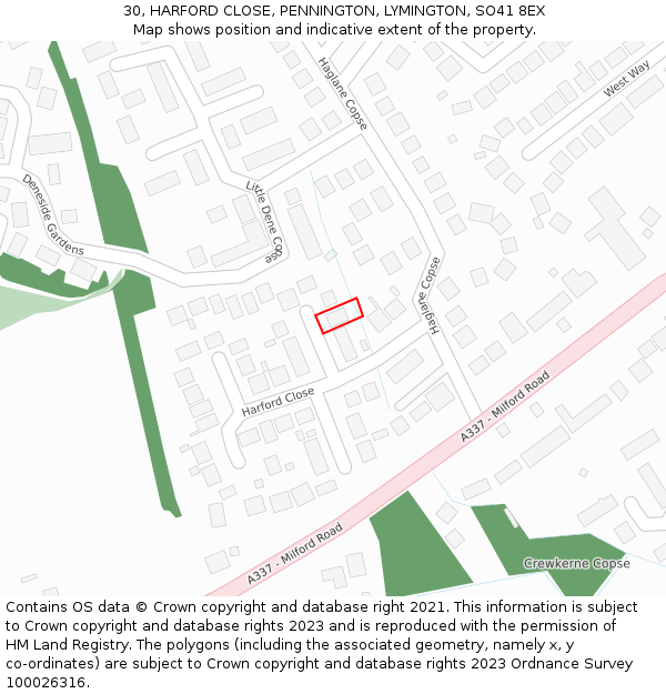 30, HARFORD CLOSE, PENNINGTON, LYMINGTON, SO41 8EX: Location map and indicative extent of plot