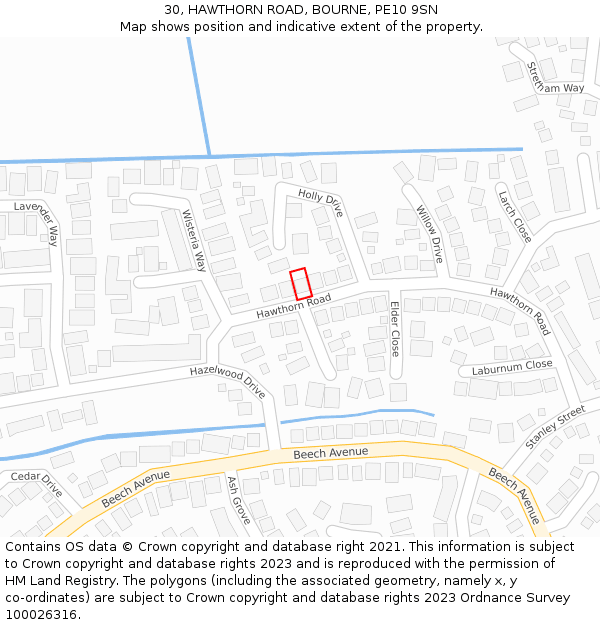 30, HAWTHORN ROAD, BOURNE, PE10 9SN: Location map and indicative extent of plot