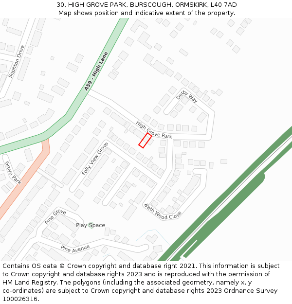 30, HIGH GROVE PARK, BURSCOUGH, ORMSKIRK, L40 7AD: Location map and indicative extent of plot