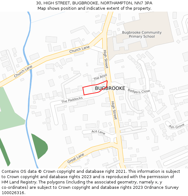 30, HIGH STREET, BUGBROOKE, NORTHAMPTON, NN7 3PA: Location map and indicative extent of plot