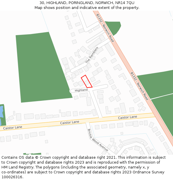 30, HIGHLAND, PORINGLAND, NORWICH, NR14 7QU: Location map and indicative extent of plot