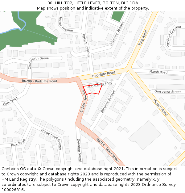 30, HILL TOP, LITTLE LEVER, BOLTON, BL3 1DA: Location map and indicative extent of plot