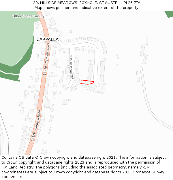 30, HILLSIDE MEADOWS, FOXHOLE, ST AUSTELL, PL26 7TA: Location map and indicative extent of plot