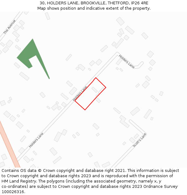 30, HOLDERS LANE, BROOKVILLE, THETFORD, IP26 4RE: Location map and indicative extent of plot