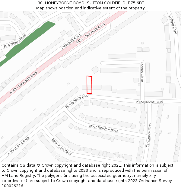 30, HONEYBORNE ROAD, SUTTON COLDFIELD, B75 6BT: Location map and indicative extent of plot