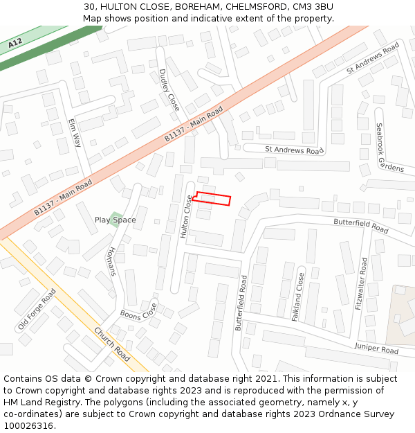 30, HULTON CLOSE, BOREHAM, CHELMSFORD, CM3 3BU: Location map and indicative extent of plot