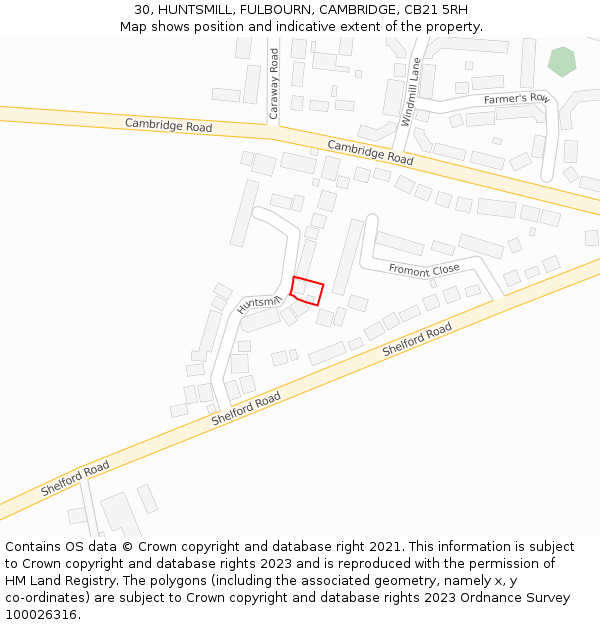 30, HUNTSMILL, FULBOURN, CAMBRIDGE, CB21 5RH: Location map and indicative extent of plot