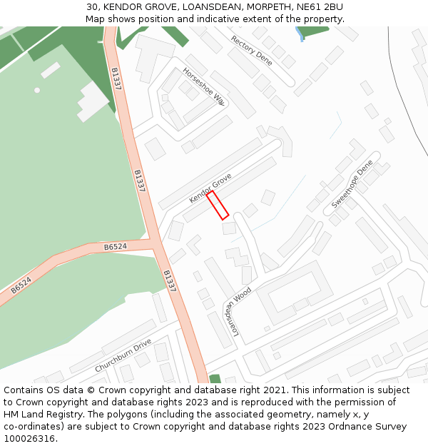 30, KENDOR GROVE, LOANSDEAN, MORPETH, NE61 2BU: Location map and indicative extent of plot