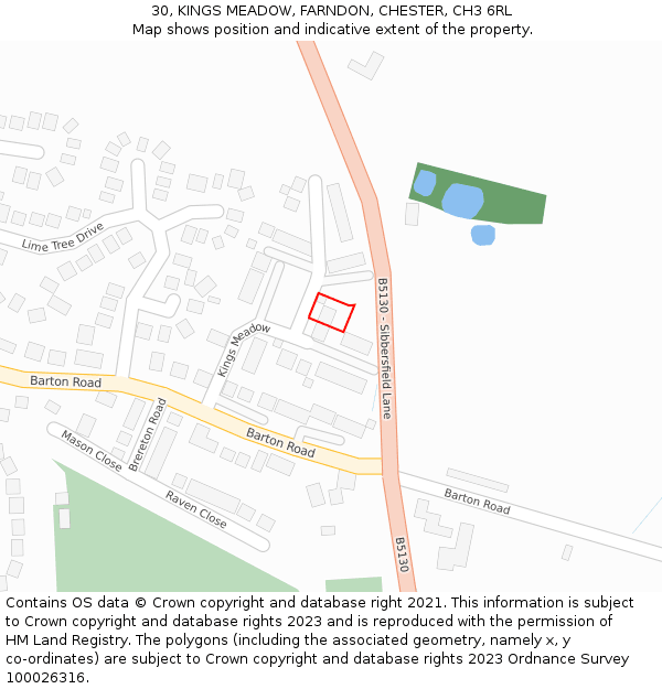 30, KINGS MEADOW, FARNDON, CHESTER, CH3 6RL: Location map and indicative extent of plot