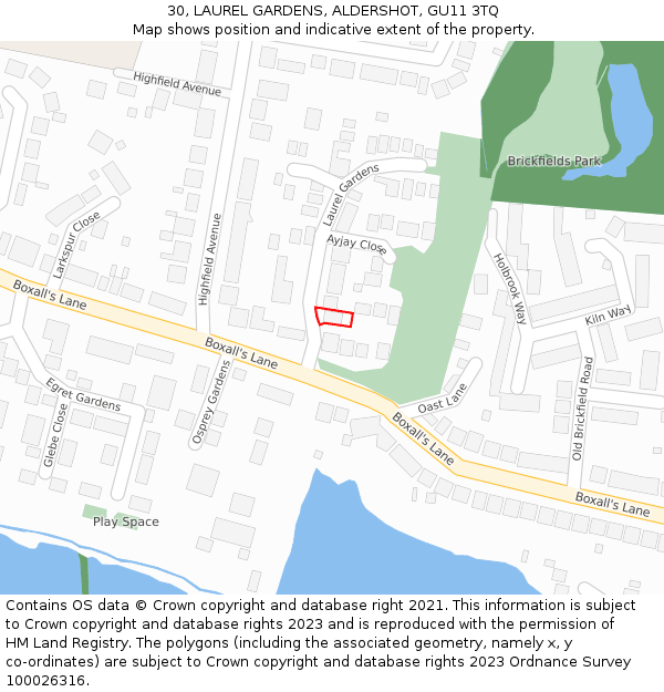 30, LAUREL GARDENS, ALDERSHOT, GU11 3TQ: Location map and indicative extent of plot