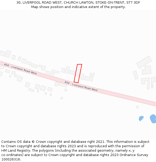 30, LIVERPOOL ROAD WEST, CHURCH LAWTON, STOKE-ON-TRENT, ST7 3DF: Location map and indicative extent of plot