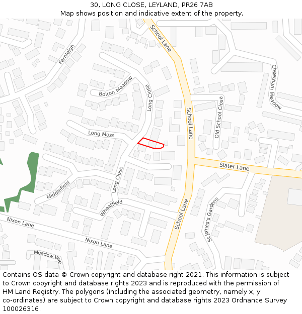 30, LONG CLOSE, LEYLAND, PR26 7AB: Location map and indicative extent of plot