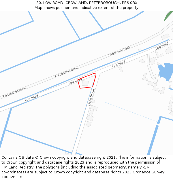 30, LOW ROAD, CROWLAND, PETERBOROUGH, PE6 0BX: Location map and indicative extent of plot