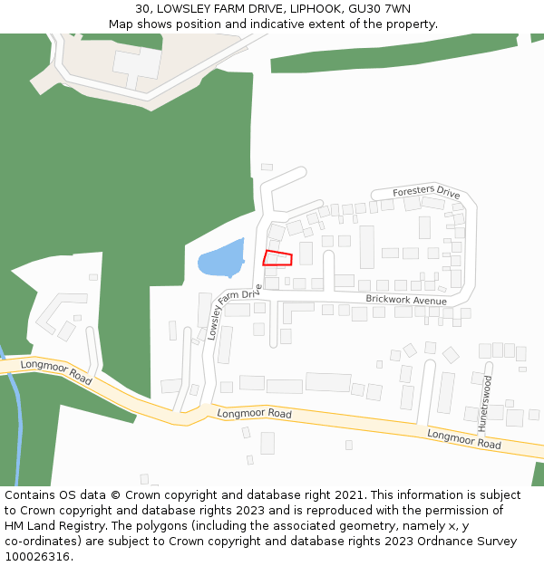 30, LOWSLEY FARM DRIVE, LIPHOOK, GU30 7WN: Location map and indicative extent of plot