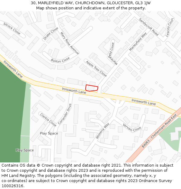 30, MARLEYFIELD WAY, CHURCHDOWN, GLOUCESTER, GL3 1JW: Location map and indicative extent of plot