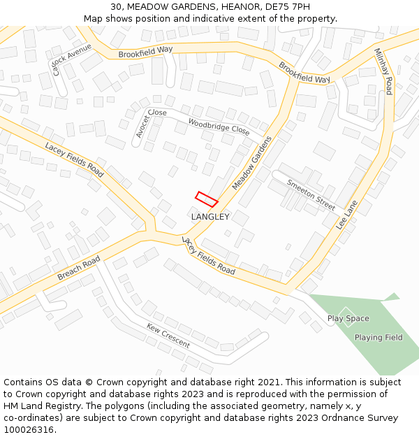 30, MEADOW GARDENS, HEANOR, DE75 7PH: Location map and indicative extent of plot