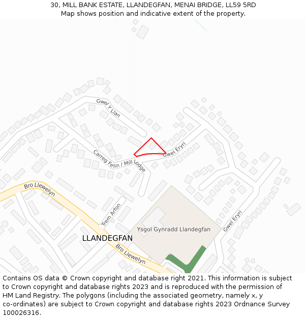 30, MILL BANK ESTATE, LLANDEGFAN, MENAI BRIDGE, LL59 5RD: Location map and indicative extent of plot