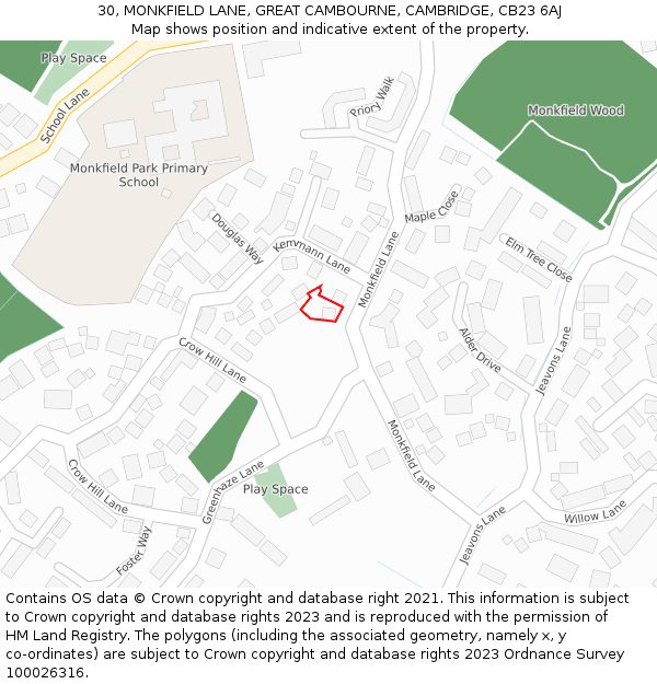 30, MONKFIELD LANE, GREAT CAMBOURNE, CAMBRIDGE, CB23 6AJ: Location map and indicative extent of plot