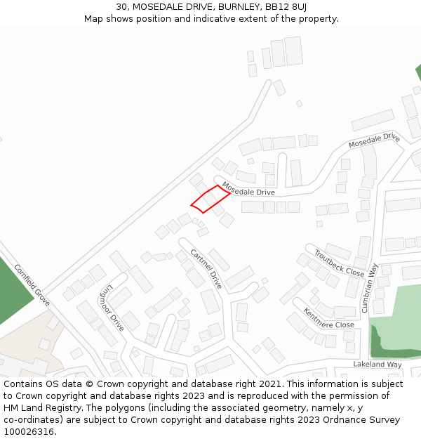 30, MOSEDALE DRIVE, BURNLEY, BB12 8UJ: Location map and indicative extent of plot