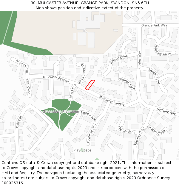 30, MULCASTER AVENUE, GRANGE PARK, SWINDON, SN5 6EH: Location map and indicative extent of plot