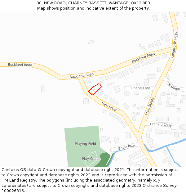 30, NEW ROAD, CHARNEY BASSETT, WANTAGE, OX12 0ER: Location map and indicative extent of plot